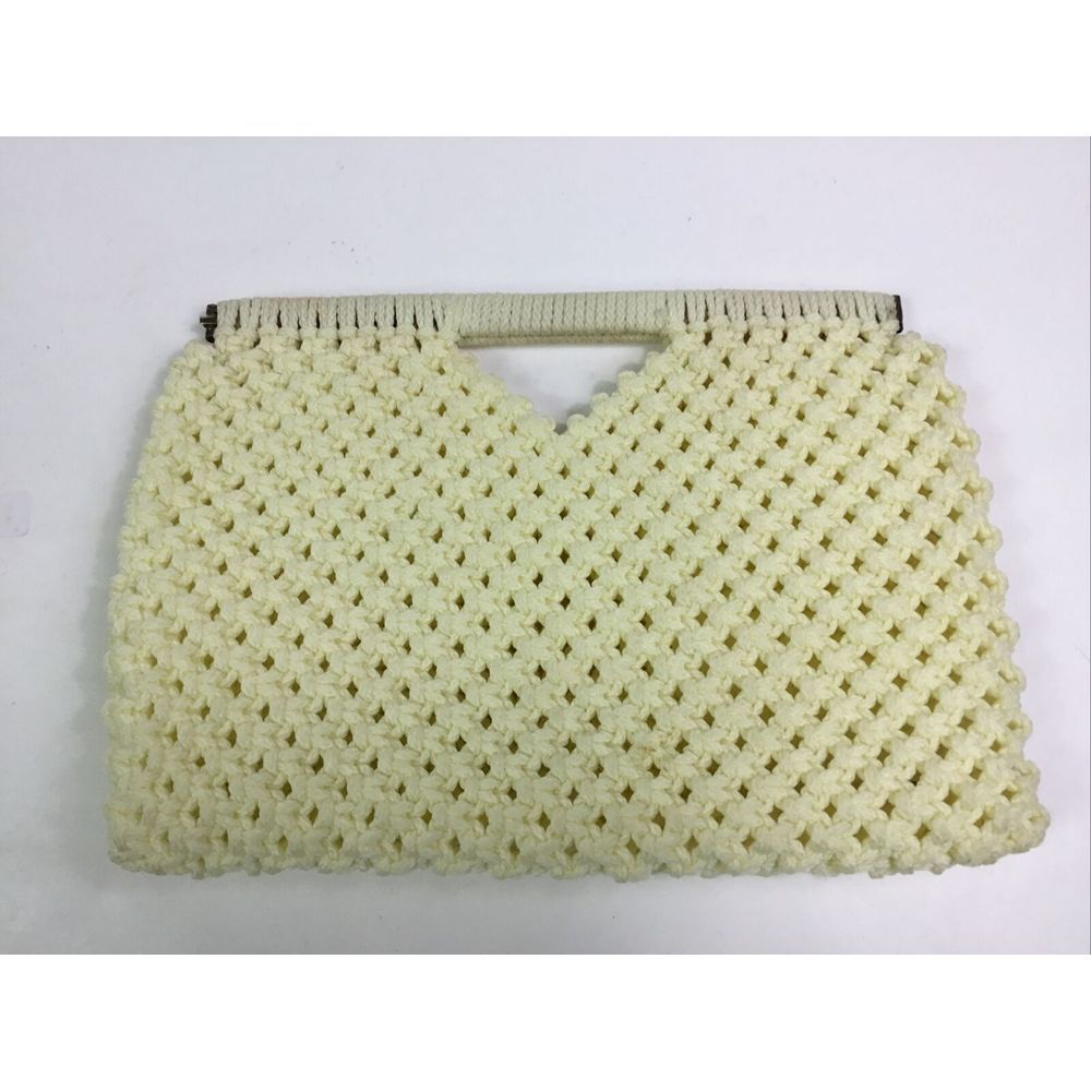 Vintage Macrame Crocheted Handbag Handmade Purse Ivory Pocketbook 13x9 In View 2
